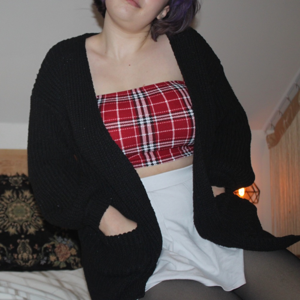 Black Knit Oversized Puffed Sleeves Cardigan Full Length Pockets Medium